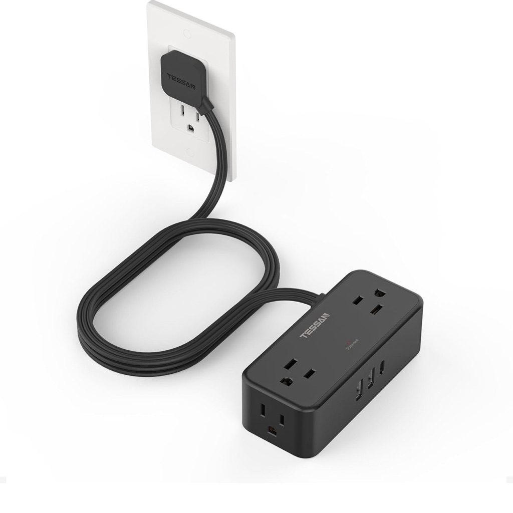 Black Extension Cord 5 Ft Tessan Flat Surge Protector Power Strip With 4 Wide S